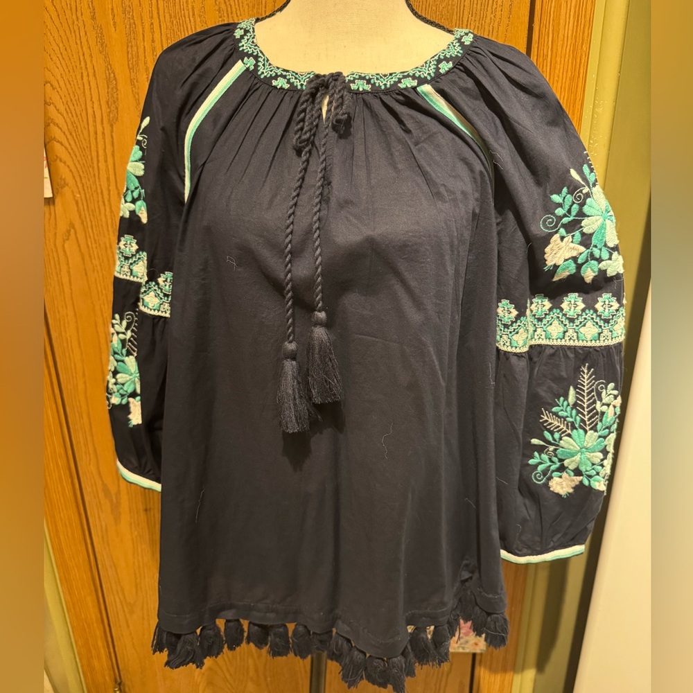 Crown &Ivy Embroidered Paisley Tassel Blouse with tassel on the bottom trim NWOT